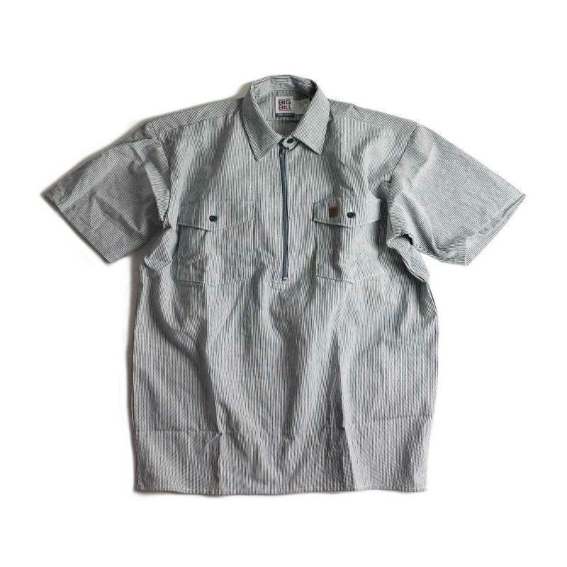 ビッグビルBIGBILL183S半袖プルオーバーワークシャツヒッコリーストライプ米国製(ジップアップMADEINUSAアメリカ製）