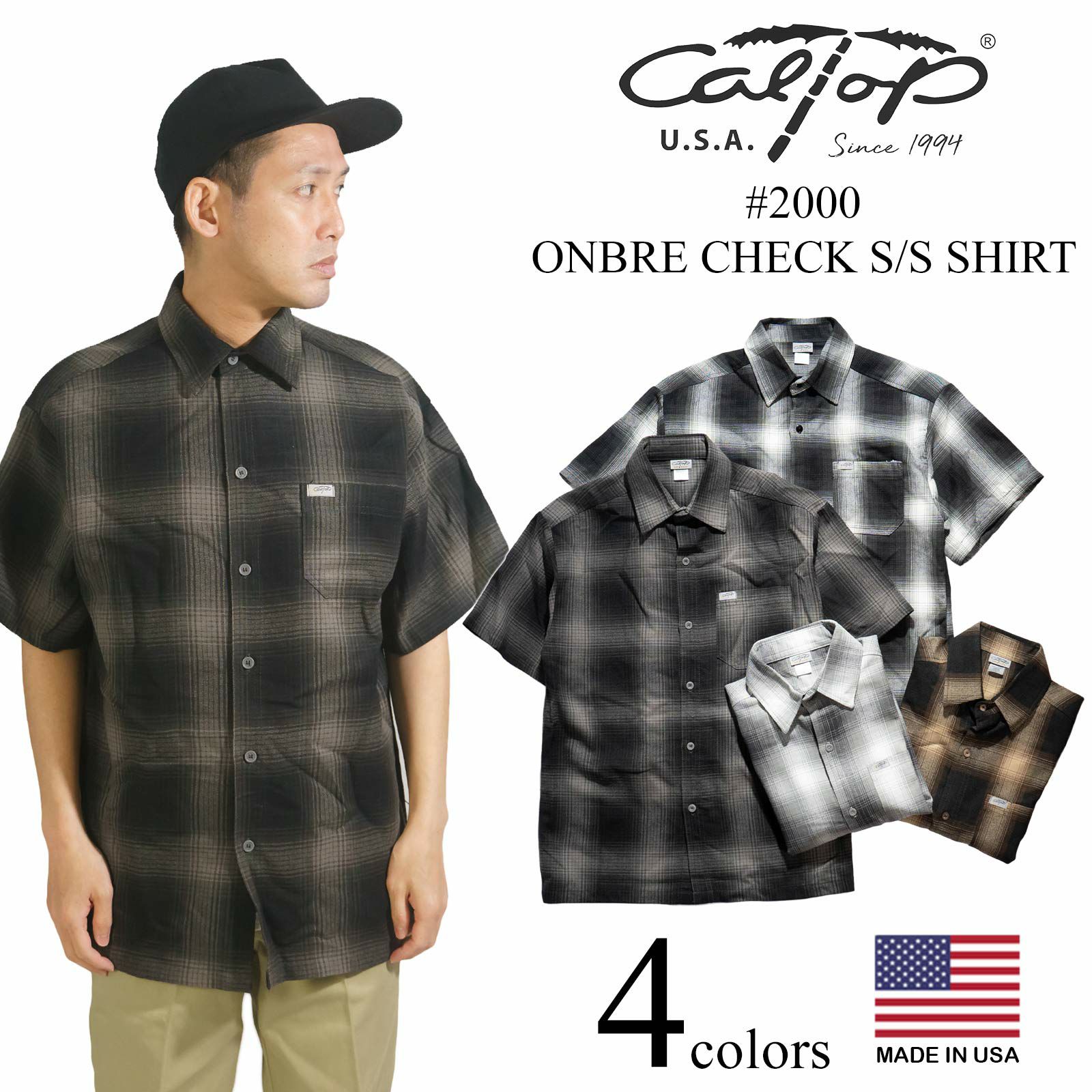 キャルトップCALTOP#2000オンブレチェック半袖フランネルシャツメンズS-XXXL米国製アメリカ製MADEINUSA
