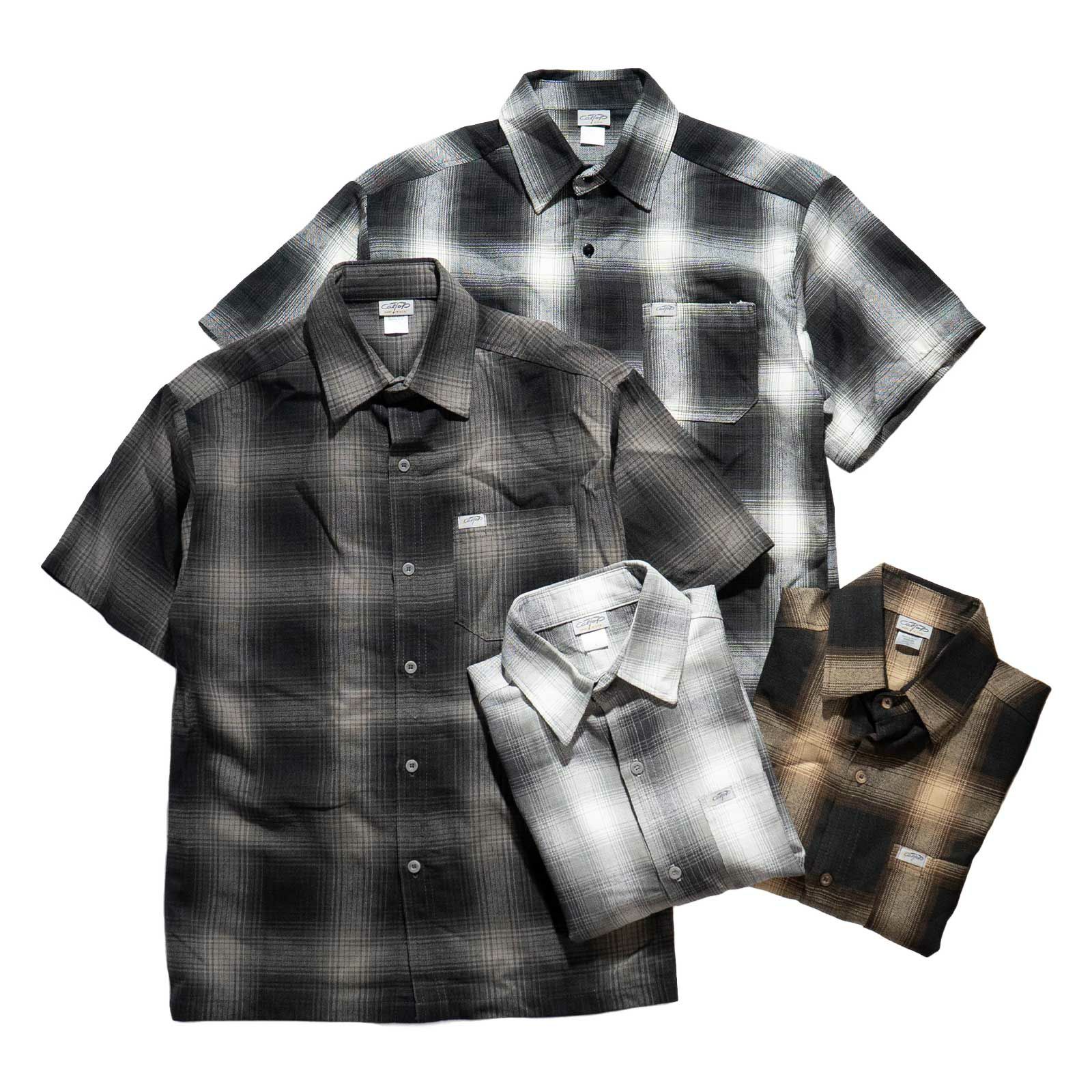 キャルトップCALTOP#2000オンブレチェック半袖フランネルシャツメンズS-XXXL米国製アメリカ製MADEINUSA
