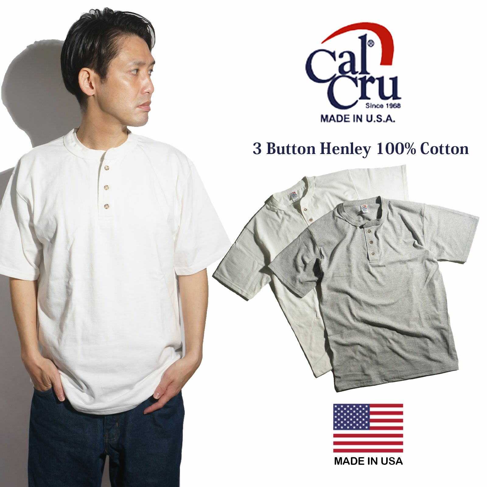 カルクルーCalCru半袖ヘンリーネックTシャツMADEINUSA