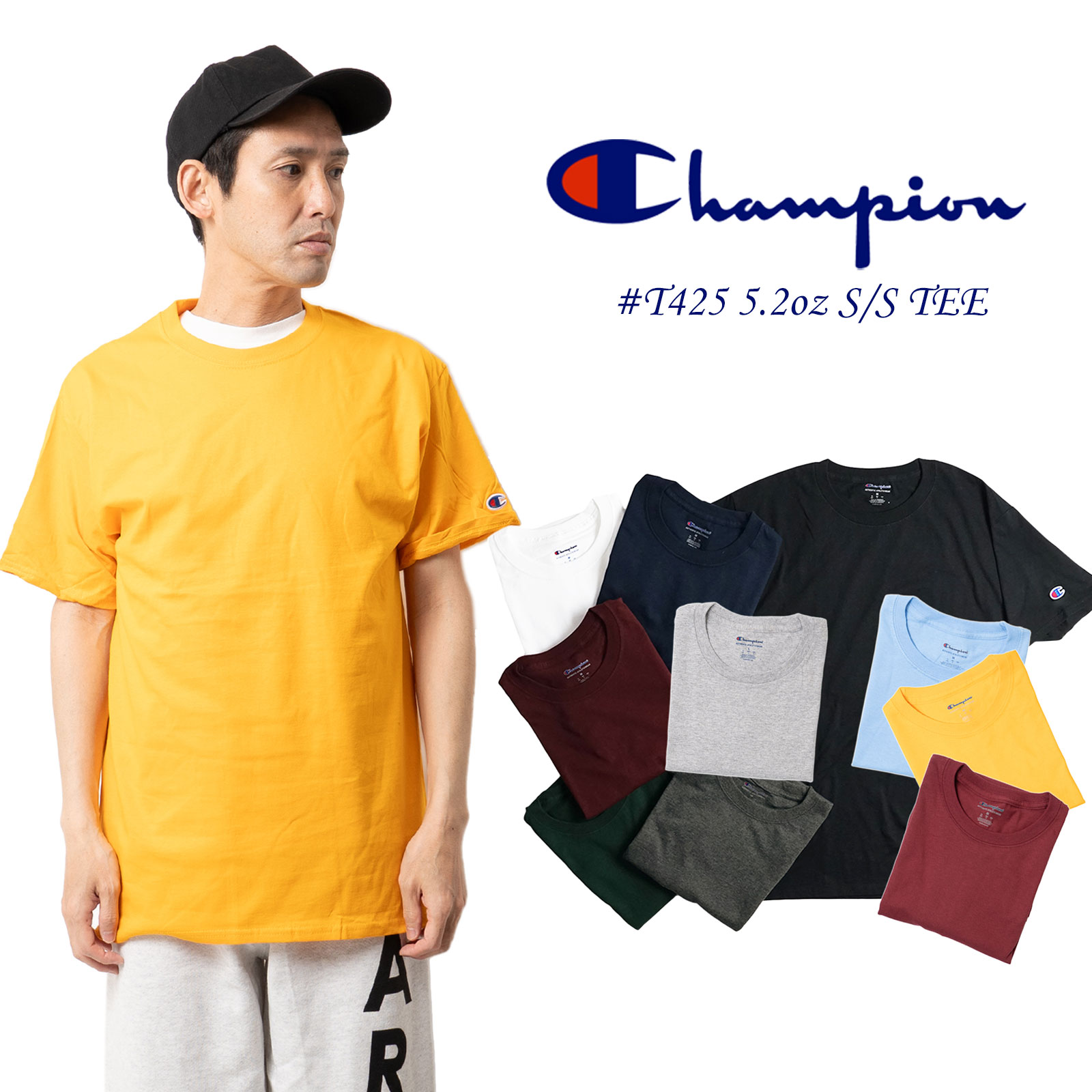 チャンピオンChampion#T4255.2オンス半袖Tシャツ｜無地アメリカ流通モデル丸胴タグレス目玉ロゴシンプルホワイトブラックネイビーグレーグリーン白黒紺サイズSMLXLカジュアルストリート