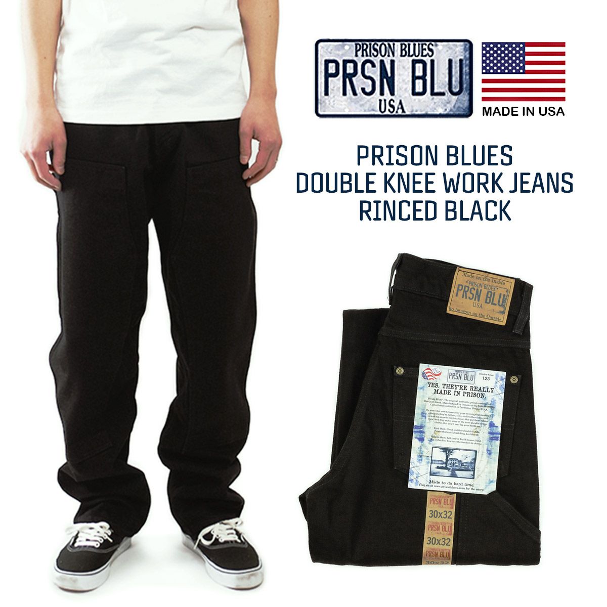 プリズンブルースPRISONBLUESダブルニーワークジーンズリンスドブラック