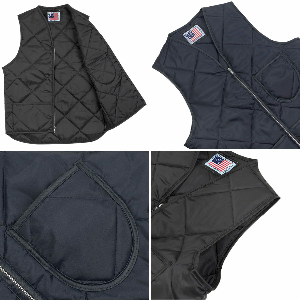 スナップンウエアSNAP’N’WEAR#300キルトベスト｜ベストメンズアメリカ製MADEINUSAQUILTEDVESTキルティングベストインナーパッチポケット胸ポケットドロップテール軽量ブラックネイビーブラウングリーンレッドサイズSMLXLUSワークウエア