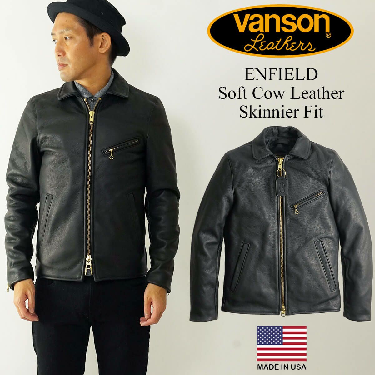 バンソンVANSONエンフィールド襟付きシングルライダースソフトカウレザースキニアーフィット(メンズアメリカ製ENFIELDレザージャケット革ジャン）