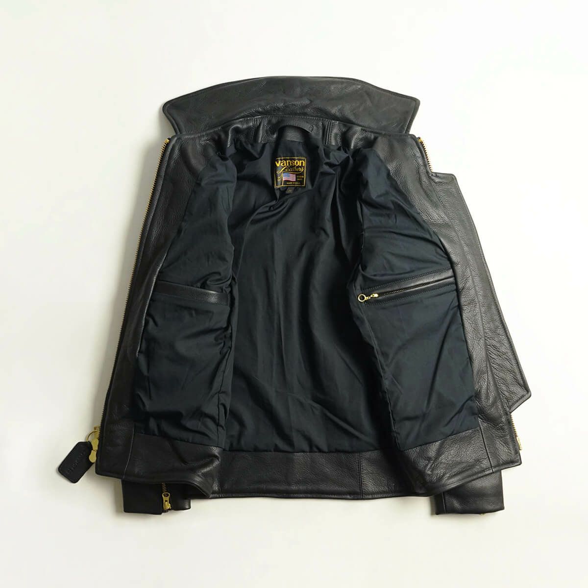 バンソンVANSONエンフィールド襟付きシングルライダースソフトカウレザースキニアーフィット(メンズアメリカ製ENFIELDレザージャケット革ジャン）