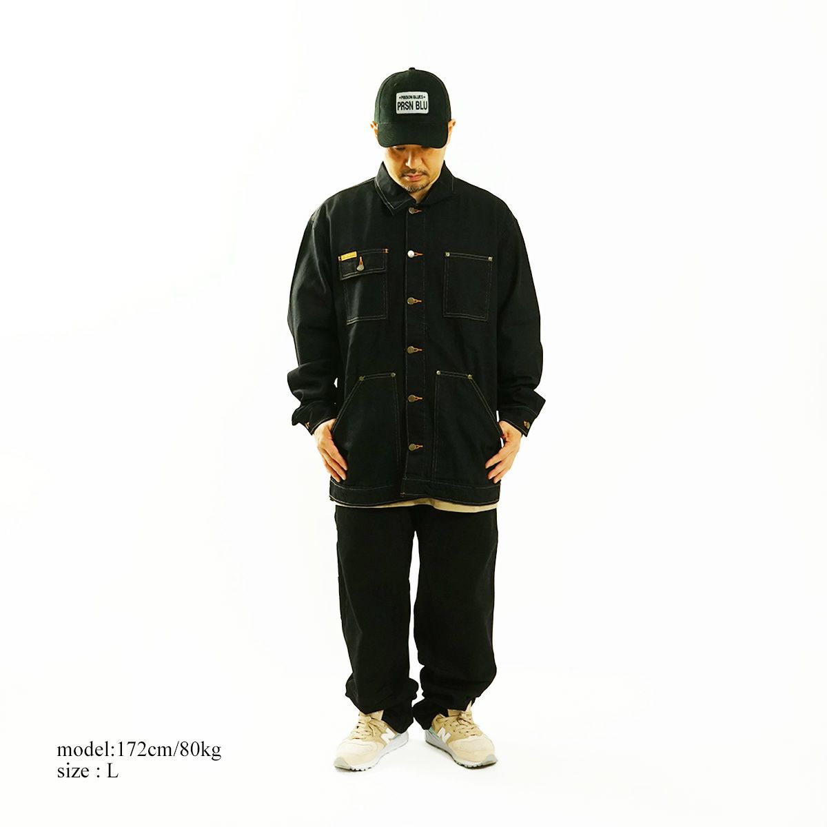プリズンブルースPRISONBLUESデニムヤードコート別注リンスドブラック/レッドフォックスステッチ