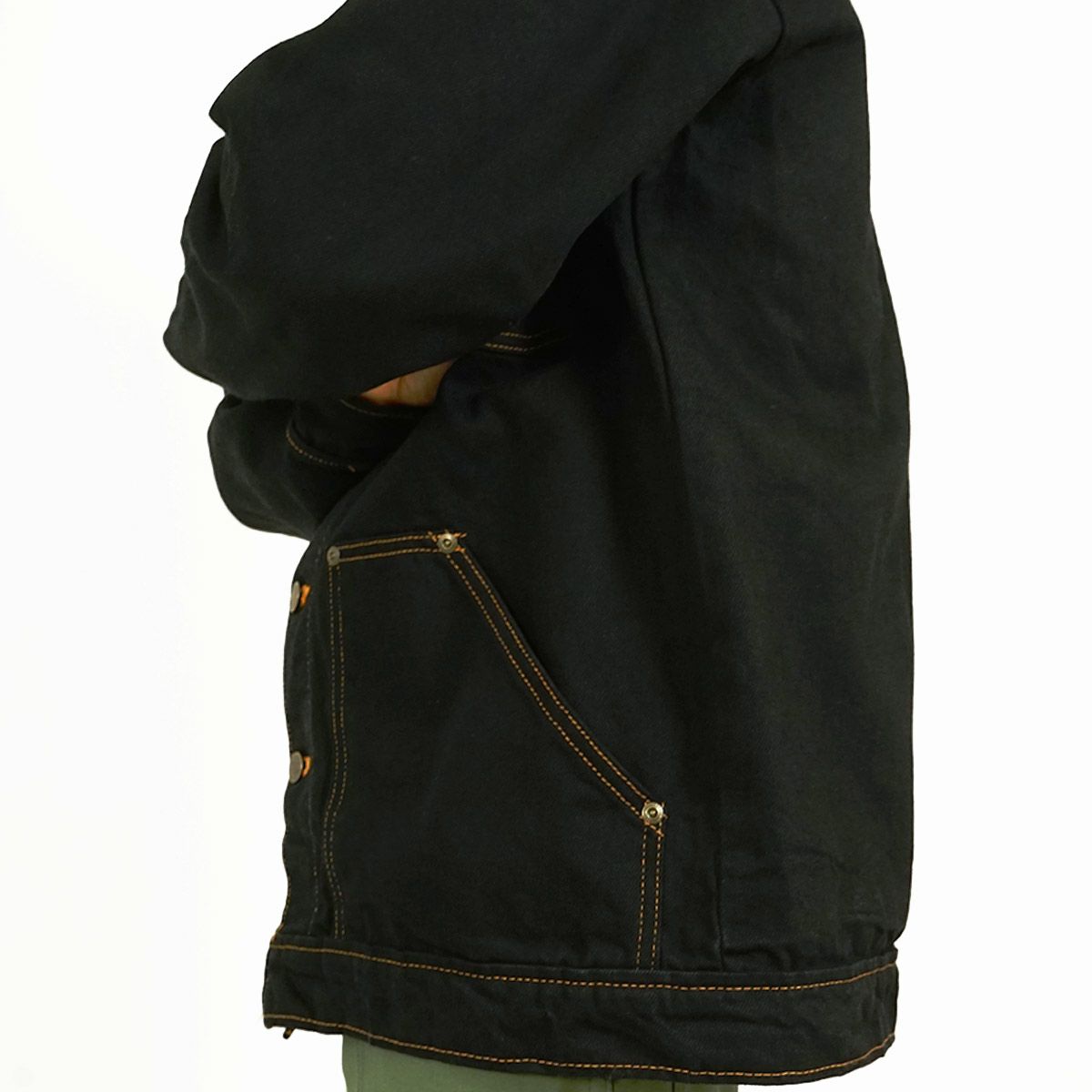 プリズンブルースPRISONBLUESデニムヤードコート別注リンスドブラック/レッドフォックスステッチ