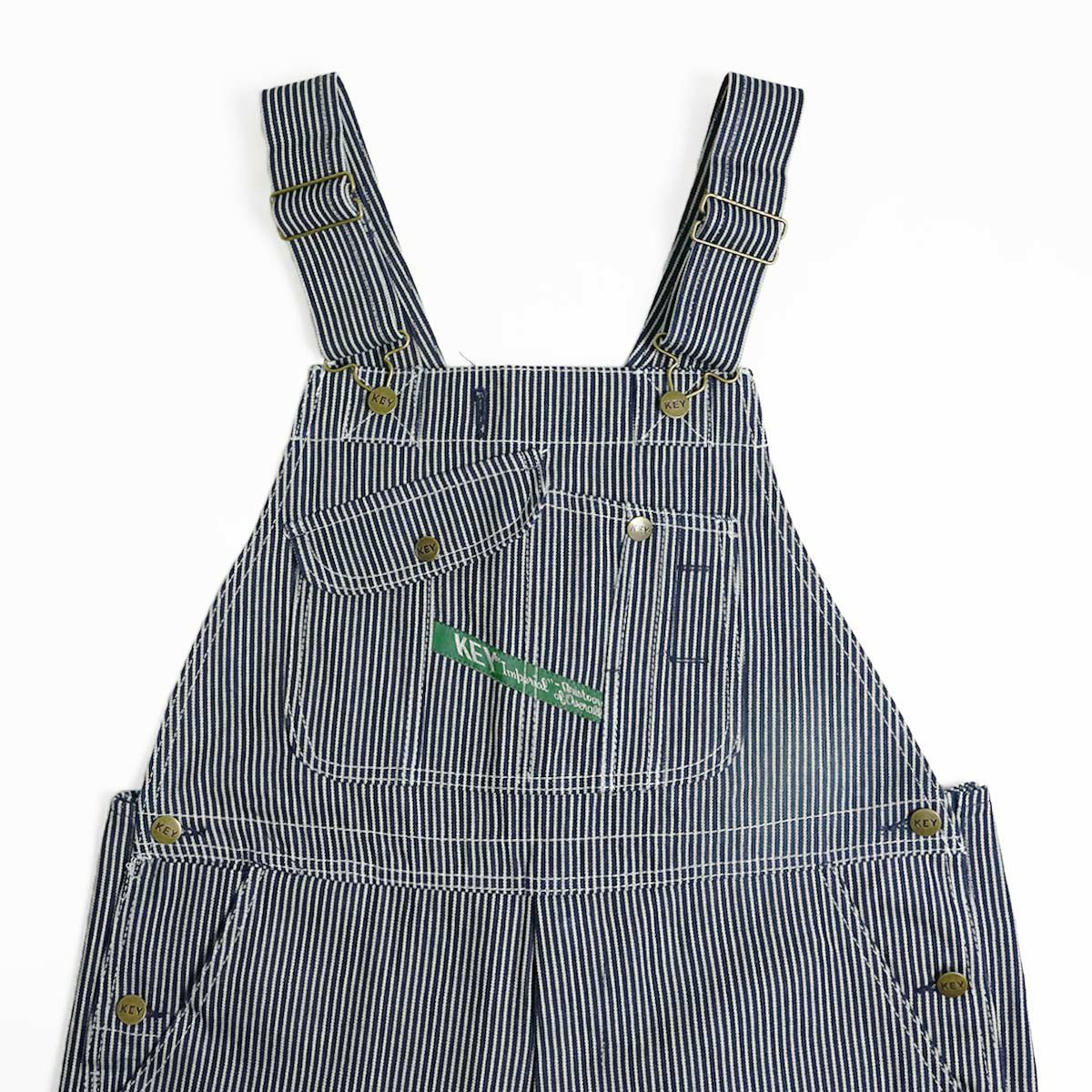 キーKEYヒッコリーストライプビブオーバーオール（273-47メンズ30-46インチ作業服作業着つなぎ12オンス）