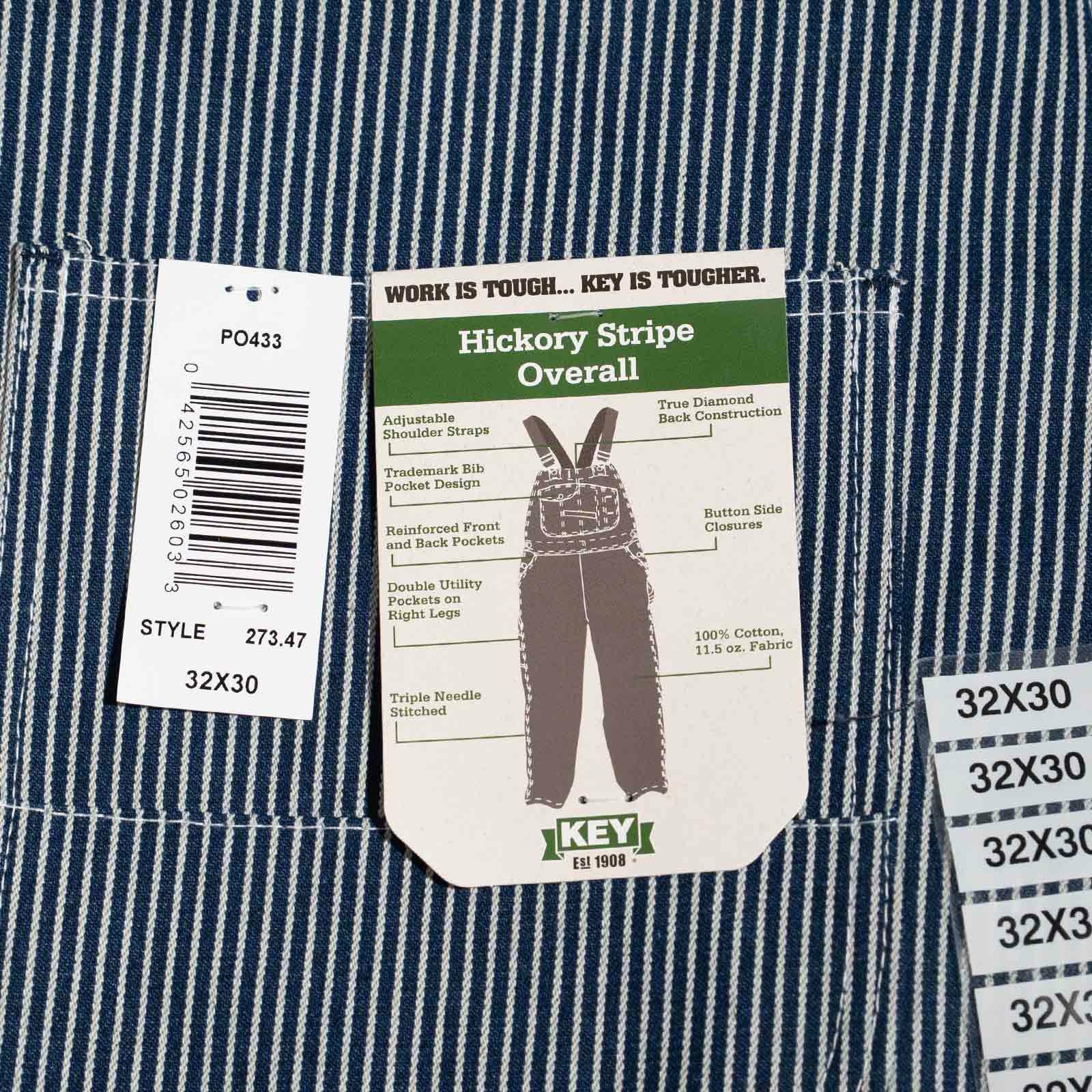 キーKEYヒッコリーストライプビブオーバーオール（273-47メンズ30-46インチ作業服作業着つなぎ12オンス）