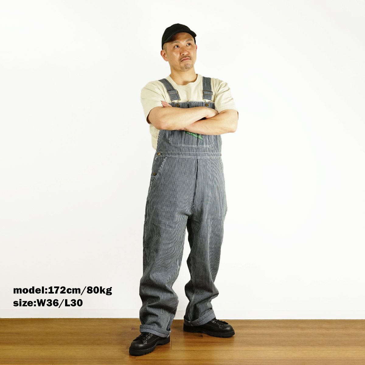 キーKEYヒッコリーストライプビブオーバーオール（273-47メンズ30-46インチ作業服作業着つなぎ12オンス）