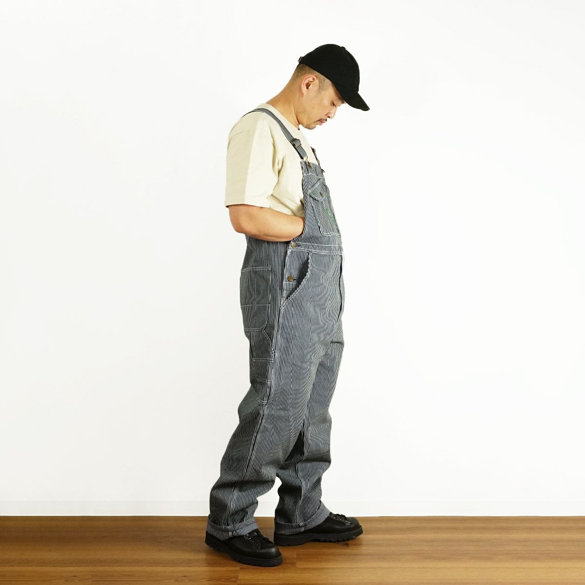 キーKEYヒッコリーストライプビブオーバーオール（273-47メンズ30-46インチ作業服作業着つなぎ12オンス）