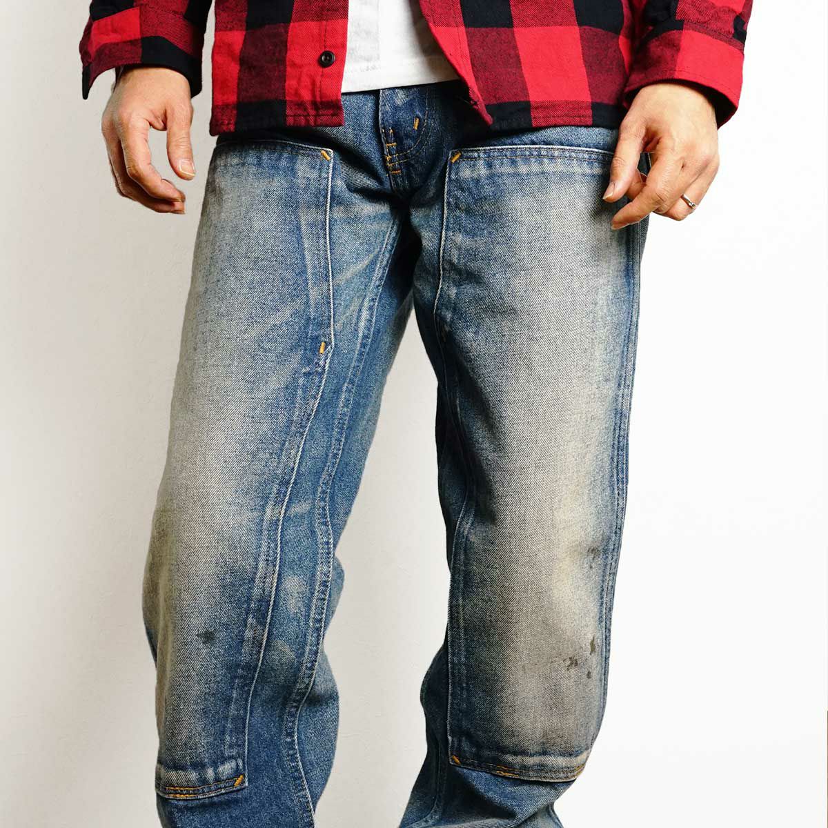 PRISONBLUESプリズンブルースダブルニーワークジーンズオリジナルユーズドウォッシュエンジニアドブルー