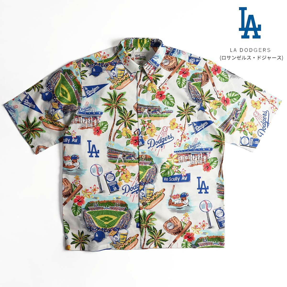 レインスプーナーREYNSPOONER半袖アロハシャツフルオープンシーニックメジャーリーグ公式｜メンズサイズS-XXXL大きいサイズMLBSCENICエンゼルスドジャースヤンキース綿コットン100％ブランドココナッツボタン