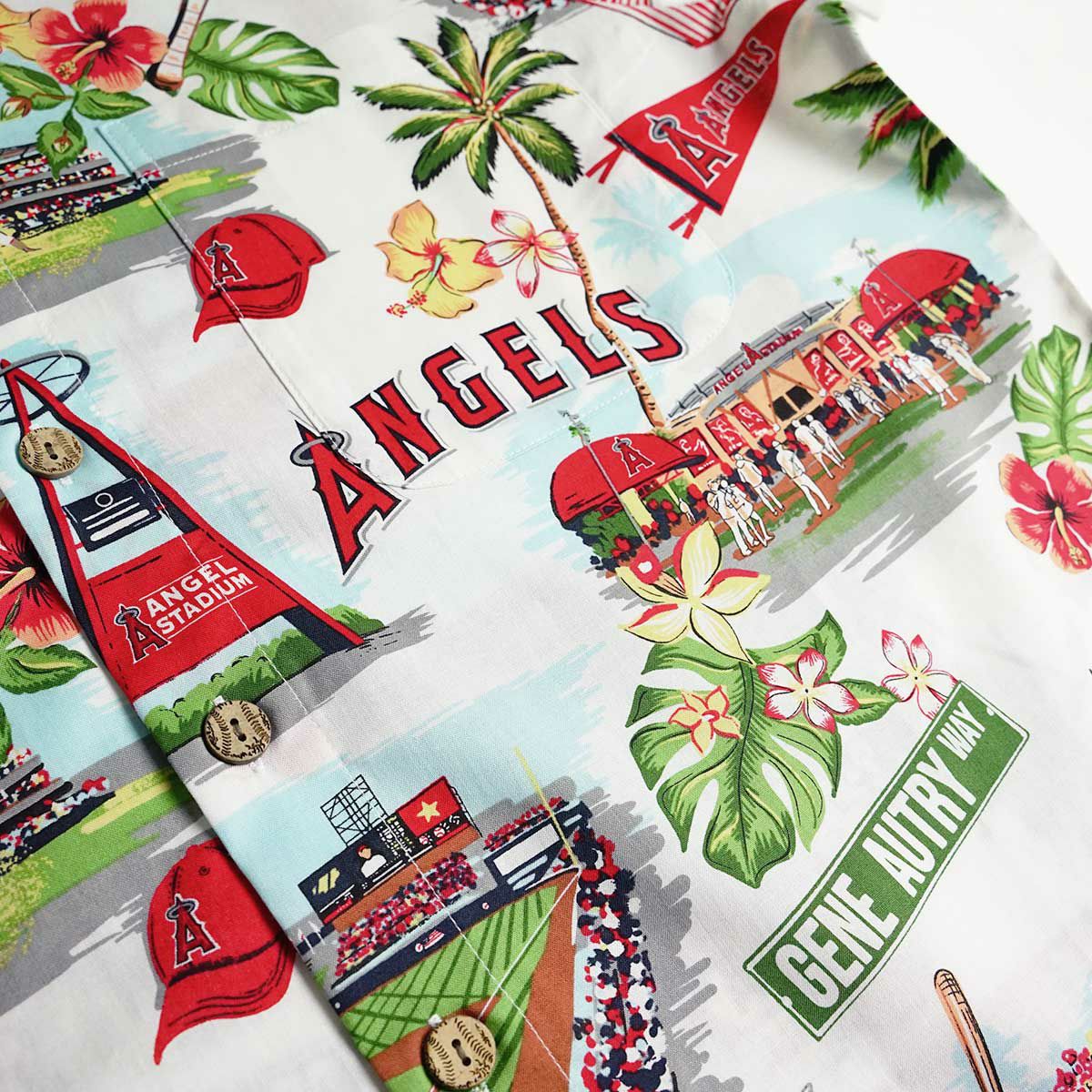 レインスプーナーREYNSPOONER半袖アロハシャツフルオープンシーニックメジャーリーグ公式｜メンズサイズS-XXXL大きいサイズMLBSCENICエンゼルスドジャースヤンキース綿コットン100％ブランドココナッツボタン