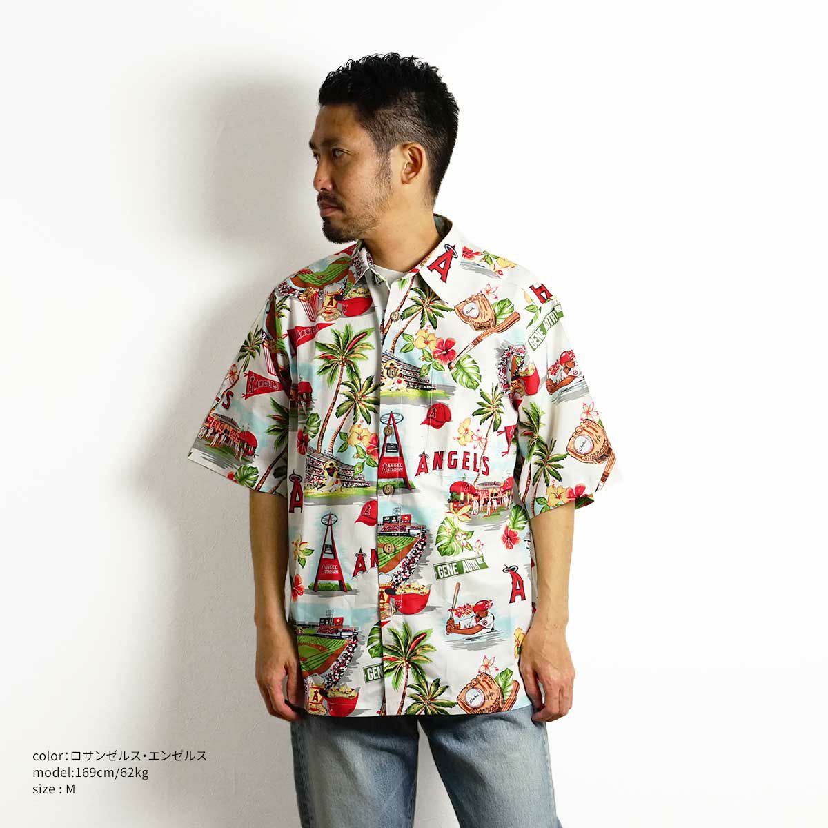 レインスプーナーREYNSPOONER半袖アロハシャツフルオープンシーニックメジャーリーグ公式｜メンズサイズS-XXXL大きいサイズMLBSCENICエンゼルスドジャースヤンキース綿コットン100％ブランドココナッツボタン