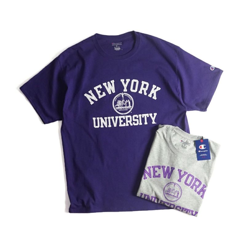NEWYORKUNIVERSITYオフィシャルロゴTシャツチャンピオンボディ（メンズS-XXLChampionカレッジTシャツNYUニューヨーク大学海外買い付け）