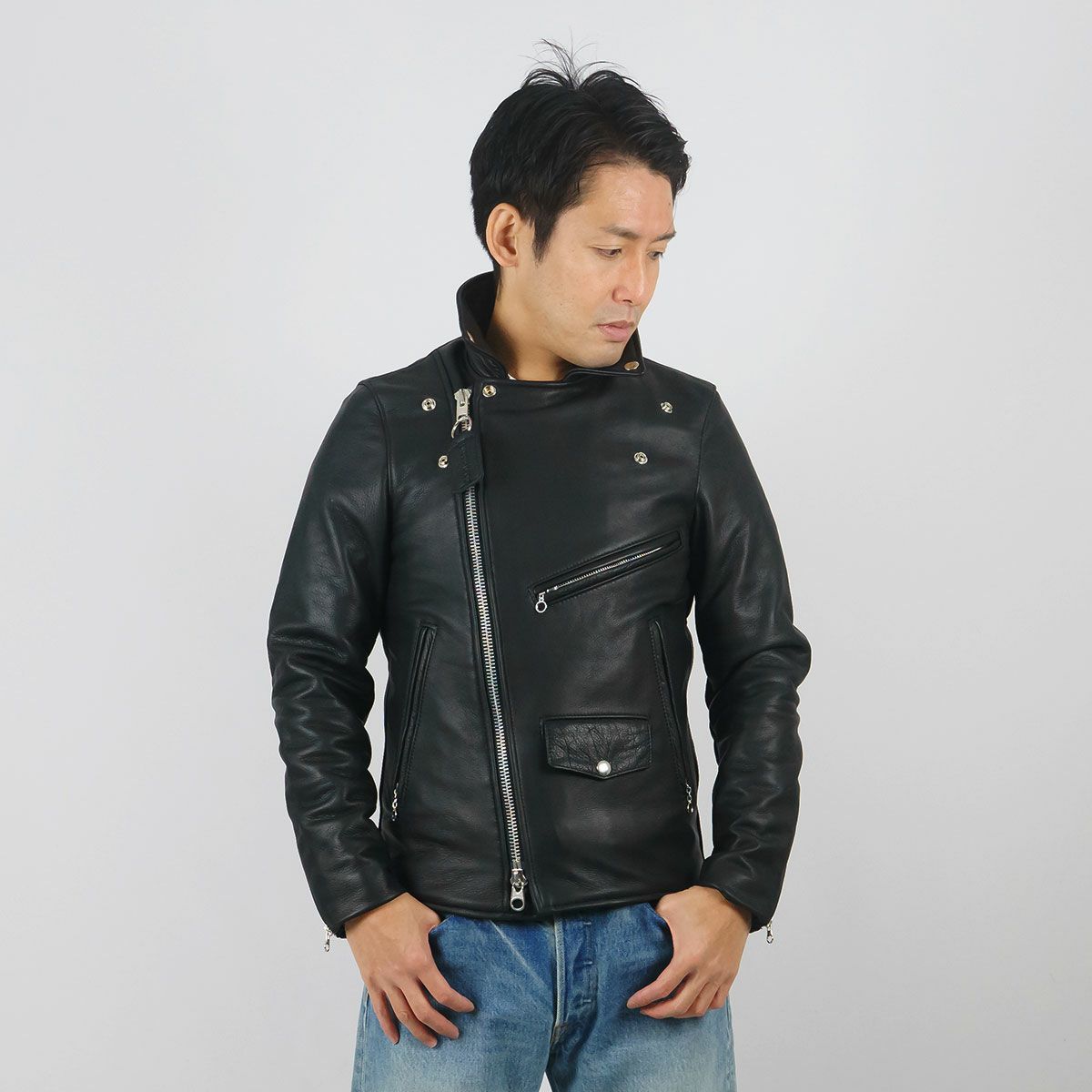 バンソンVANSONC2Rダブルライダースソフトカウレザースキニアーフィットシルバージップ｜メンズライダースレザージャケットアメリカ製革ジャンスリムタイトサテン裏地本革牛革MADEINUSAサイズ34-44アウターブランド