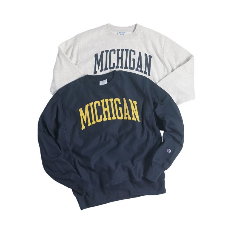 UNIVERSITYOFMICHIGANオフィシャルクルーネックカレッジスウェットチャンピオンリバースウィーブ（メンズS-XXLChampionミシガン大学）