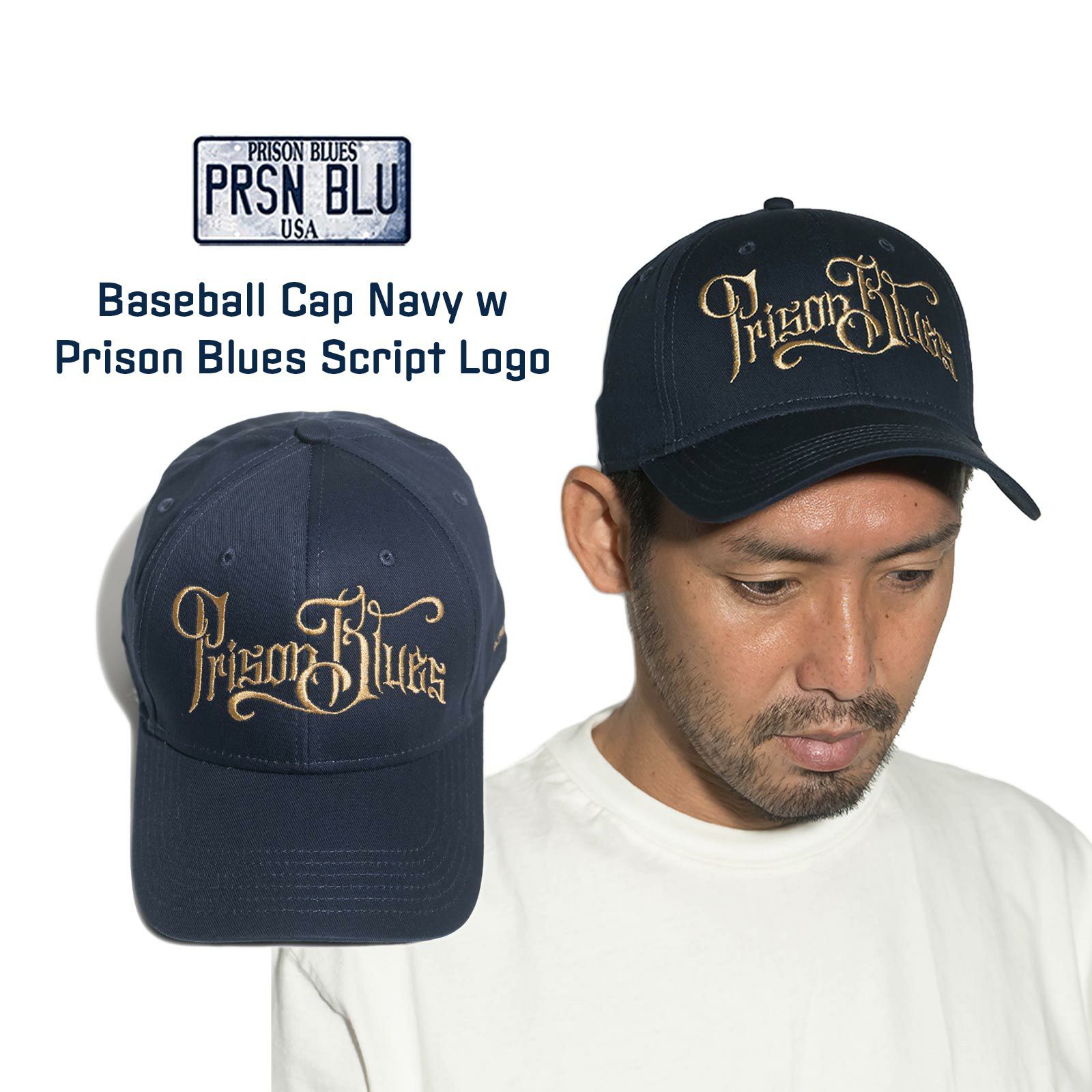 プリズンブルースPRISONBLUESベースボールキャップスクリプトロゴネイビー