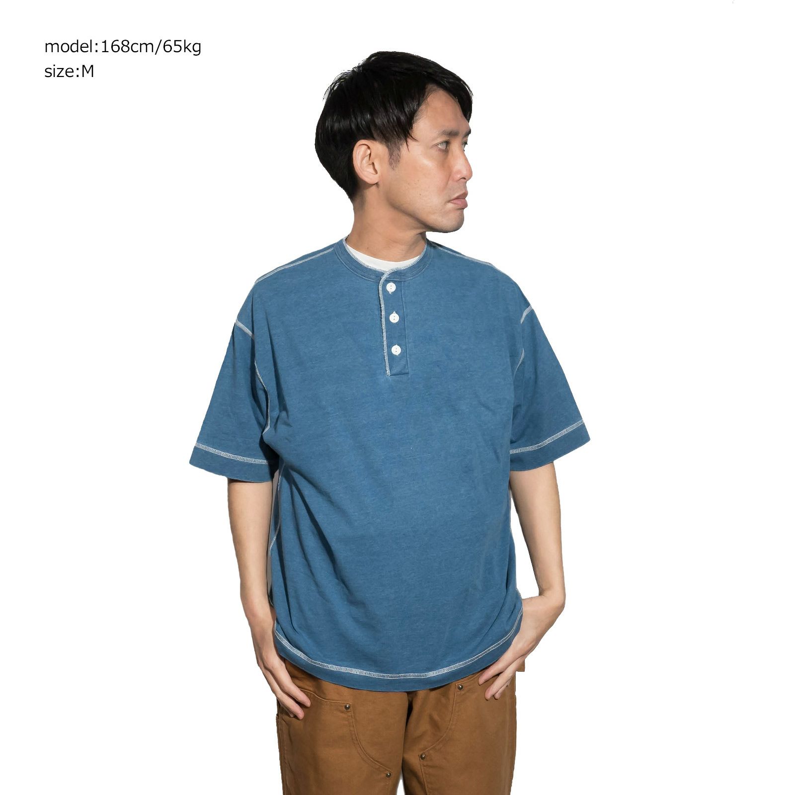 ヘルスニットHealthknitHR25S-M104-2U.S.コットンジャージーインディゴ染め半袖ヘンリーネックTシャツ