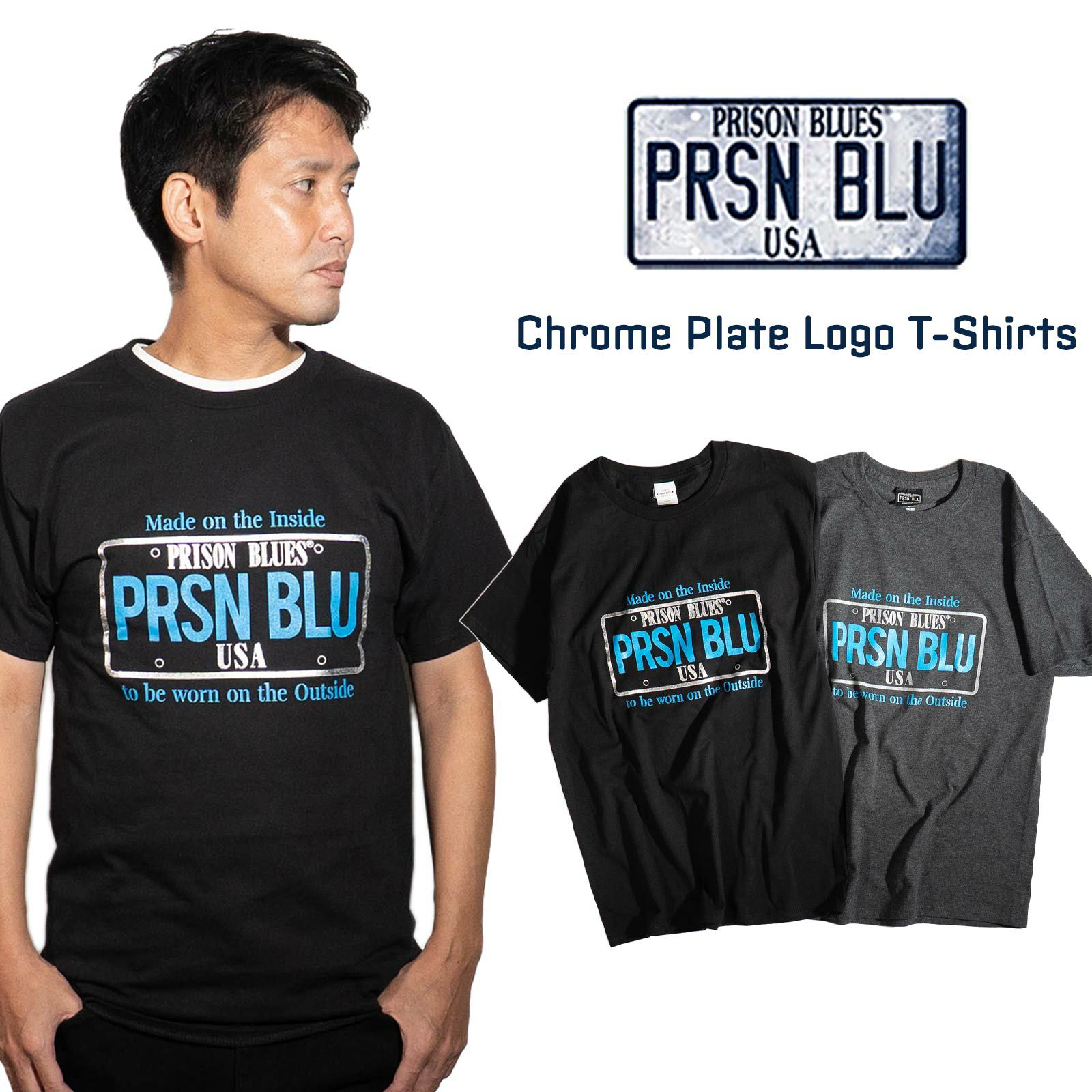 プリズンブルースPRISONBLUES半袖USAクロームプレートロゴTシャツ