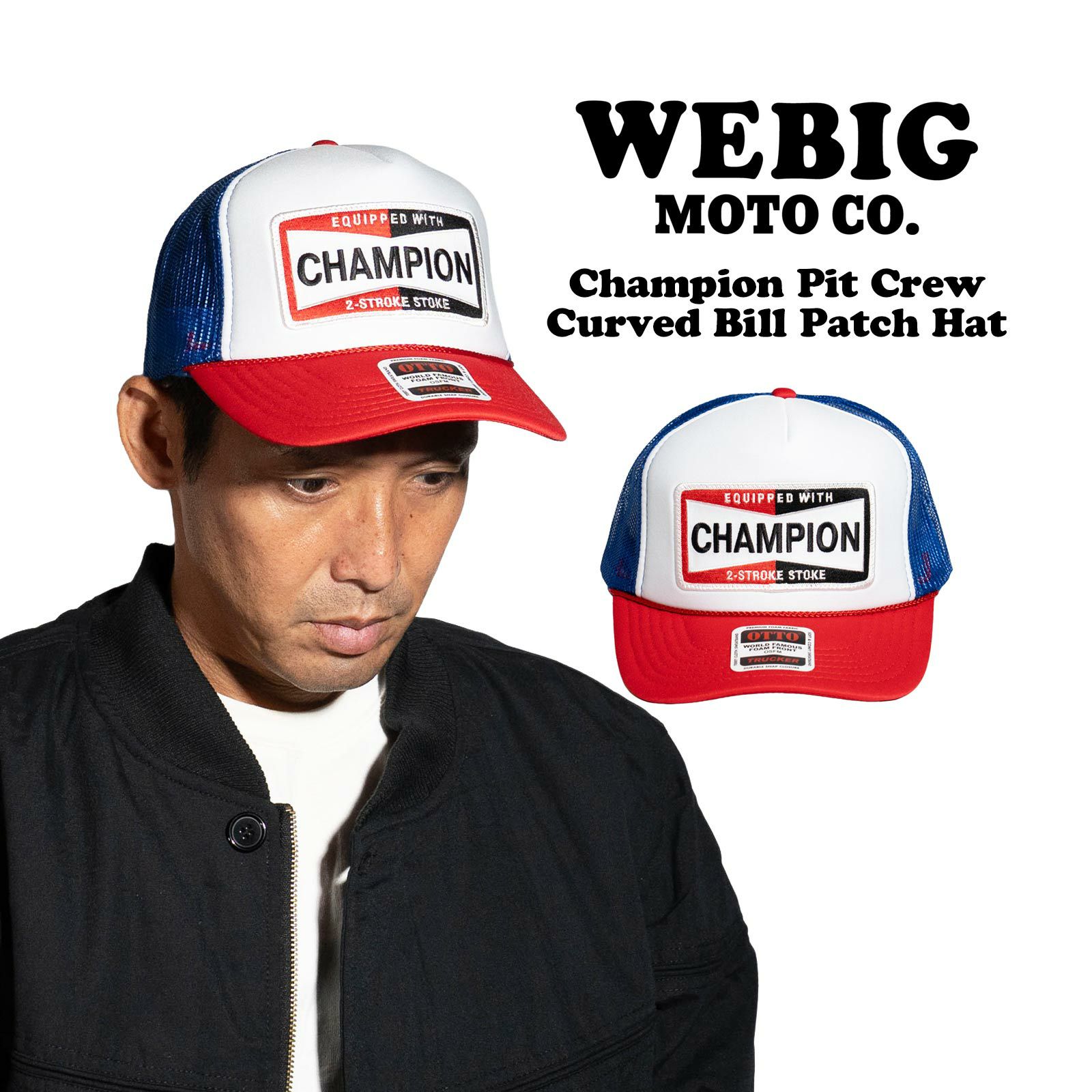 ウィービッグモトWEBIGMOTOCO.チャンピオンピットクルーカーブドビルパッチキャップ